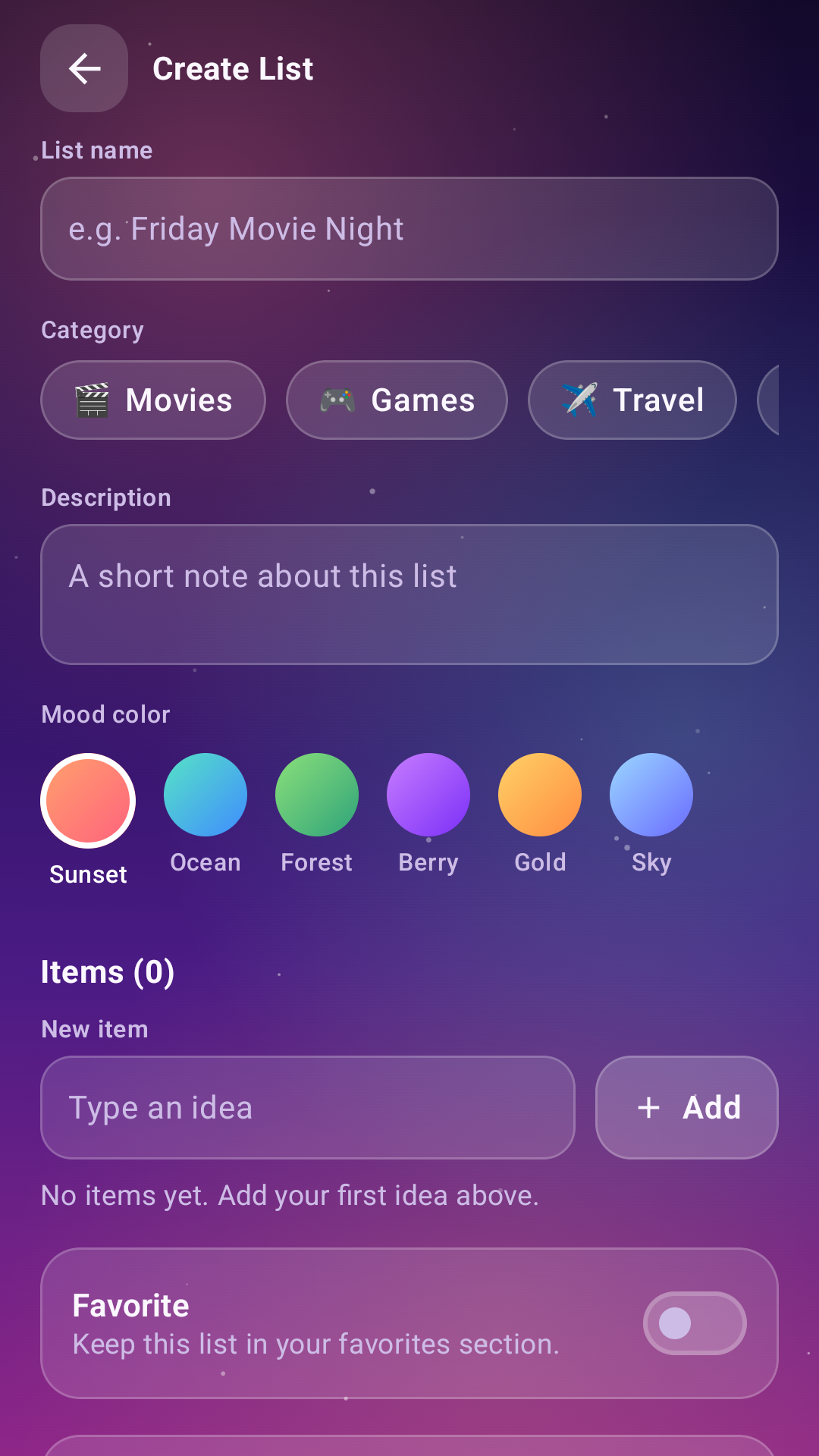Create List screen in Checklist Bliss